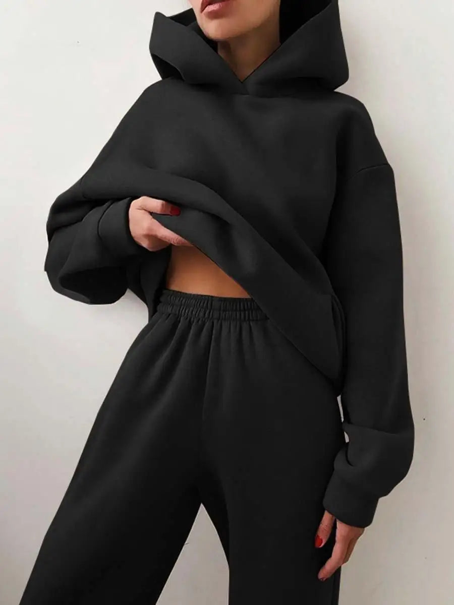 Two Piece Pant Sets Women Solid Thick Sweatshirts Hooded Full Sleeve Elastic Waist Spliced Long Pants Pockets Casual Suits