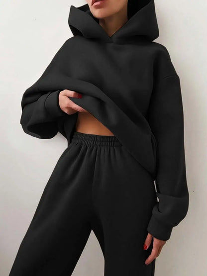 Two Piece Pant Sets Women Solid Thick Sweatshirts Hooded Full Sleeve Elastic Waist Spliced Long Pants Pockets Casual Suits