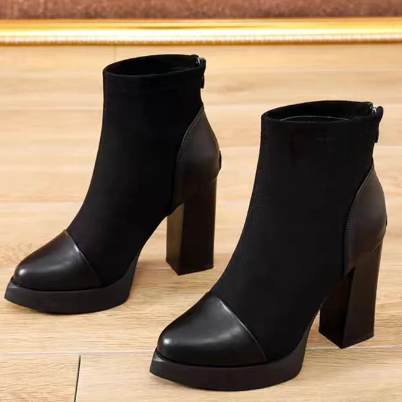 European and American Pointed Short Boots 2023 Winter New Short Tube High Heels Splicing Style Fashion Boots Zapatos De Mujer