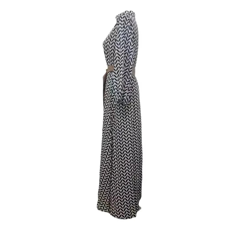 Spring Autumn New Dress Vintage Elegant Black And White Printed V Neck Slim Dresses Fashion Gather Together Slim Long Vestidos