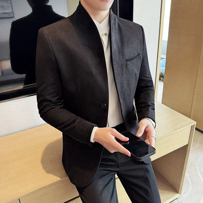 New Blazer Cowhide Velvet Korean Version Business Slim Fit Suit Stand Collar Fashionable Casual Suit Jacket Men Formal Clothing