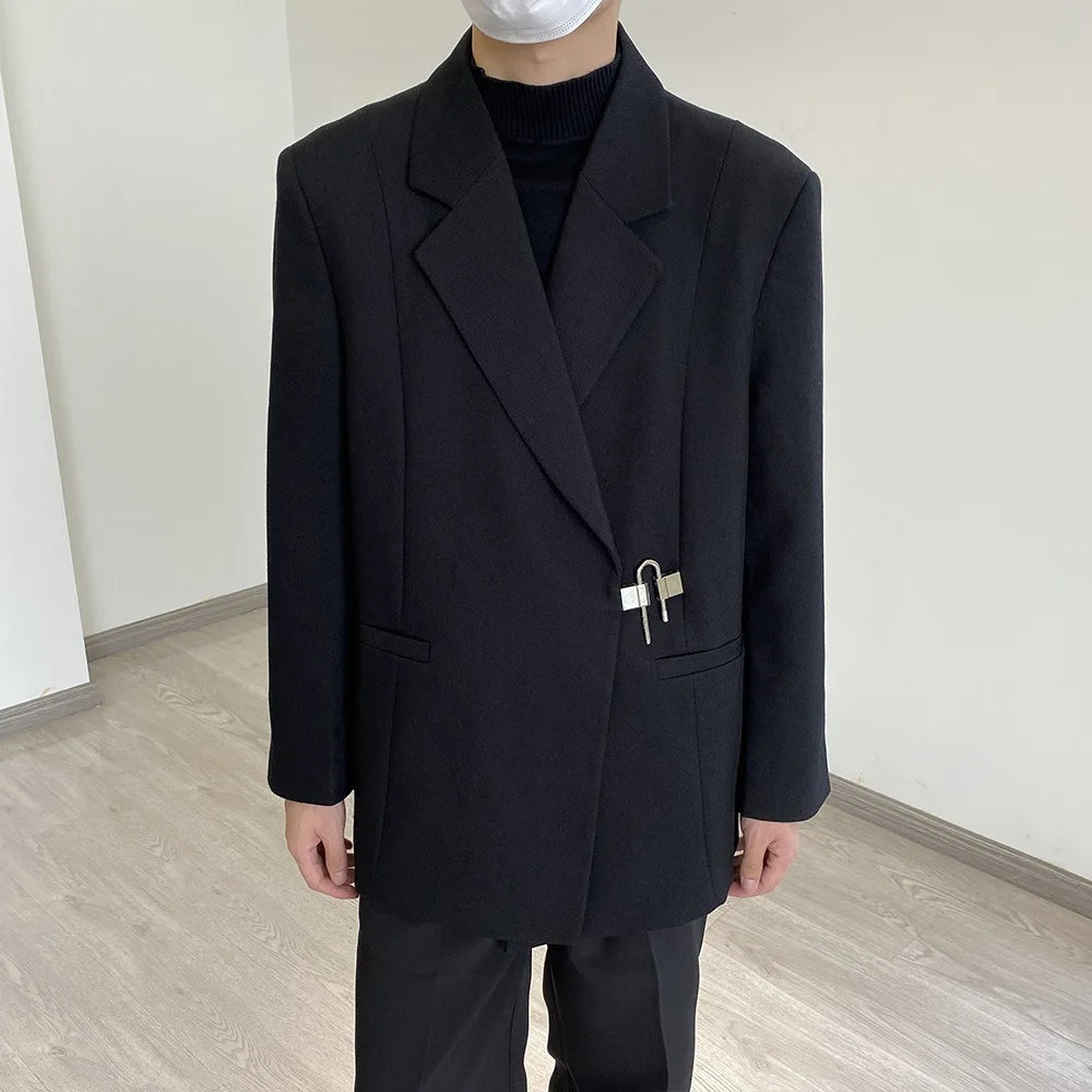 2026 Men's Korean Style Spring Casual Suit Jacekt Metal Buckle Male Loose  Male Solid Color Blazers Harajuku Long Sleeve Coats