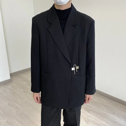 2026 Men's Korean Style Spring Casual Suit Jacekt Metal Buckle Male Loose  Male Solid Color Blazers Harajuku Long Sleeve Coats