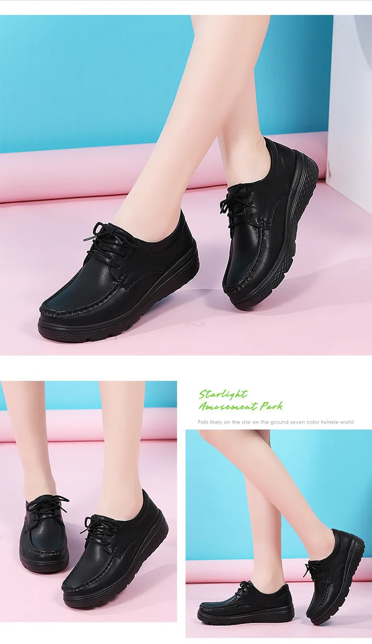 Platform White Shoes Women Casual Comfortable Light Nurse Work Shoes Fashion Slip on Non-slip Loafers Women Genuine Leather Shoe