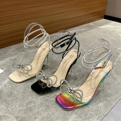 2024 Women's Summer New Fashion Rhinestone Bow Women's Sandals Casual Square Head Open Toe Party Women High Heels Mujer Zapatos