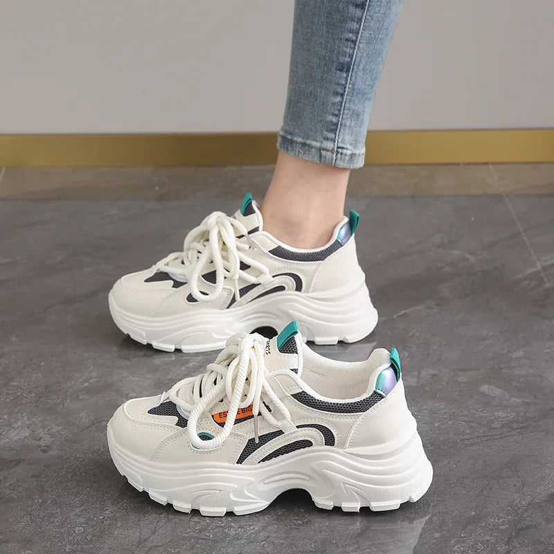Fashion 2025 Spring Autumn Platform Sneakers Women Shoes Korean Lace Up Chunky Sneakers Mixed Color Women's Vulcanize Shoes