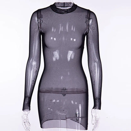 Women Mesh Dress Spring Autumn Sexy Sheer Mesh Long Sleeve Package Hip Sheath Dress Lady Sexy Club Body Wrap Mini Short Vestidos