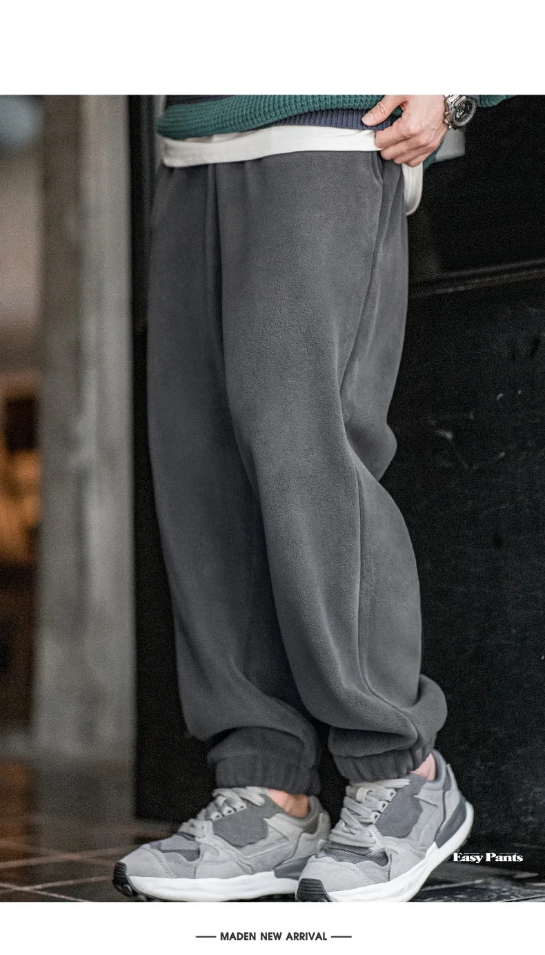 Maden Men's Casual Solid Color Polar Fleece Cuffed Sweatpants Elastic Waist Fleece-lined Pants Warm Sports Straight-leg Trousers