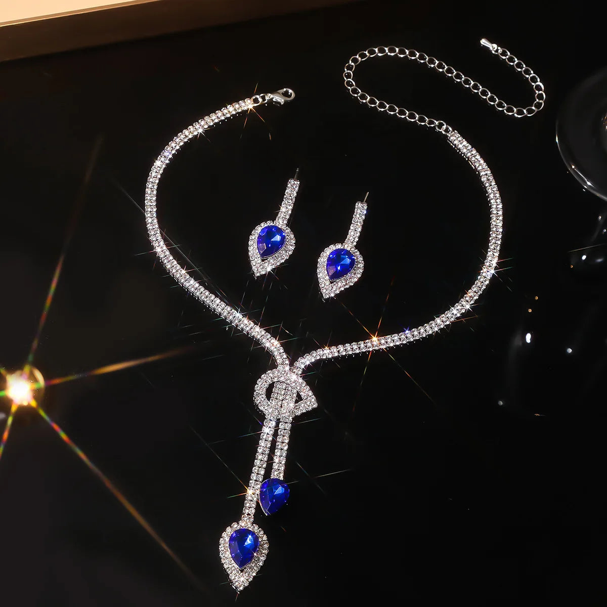 FYUAN Women's Crystal Jewelry Set Sapphire Blue Silver Color Water Drop Necklace Earrings Wedding Party Festival Wear