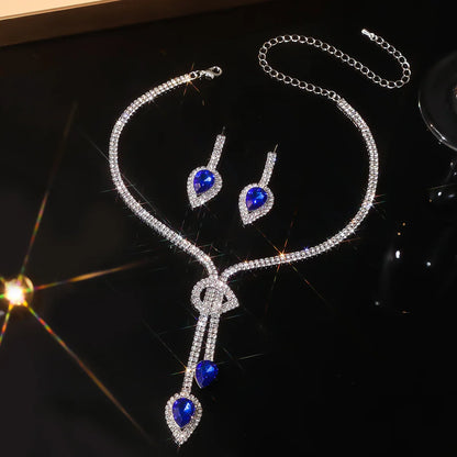 FYUAN Women's Crystal Jewelry Set Sapphire Blue Silver Color Water Drop Necklace Earrings Wedding Party Festival Wear