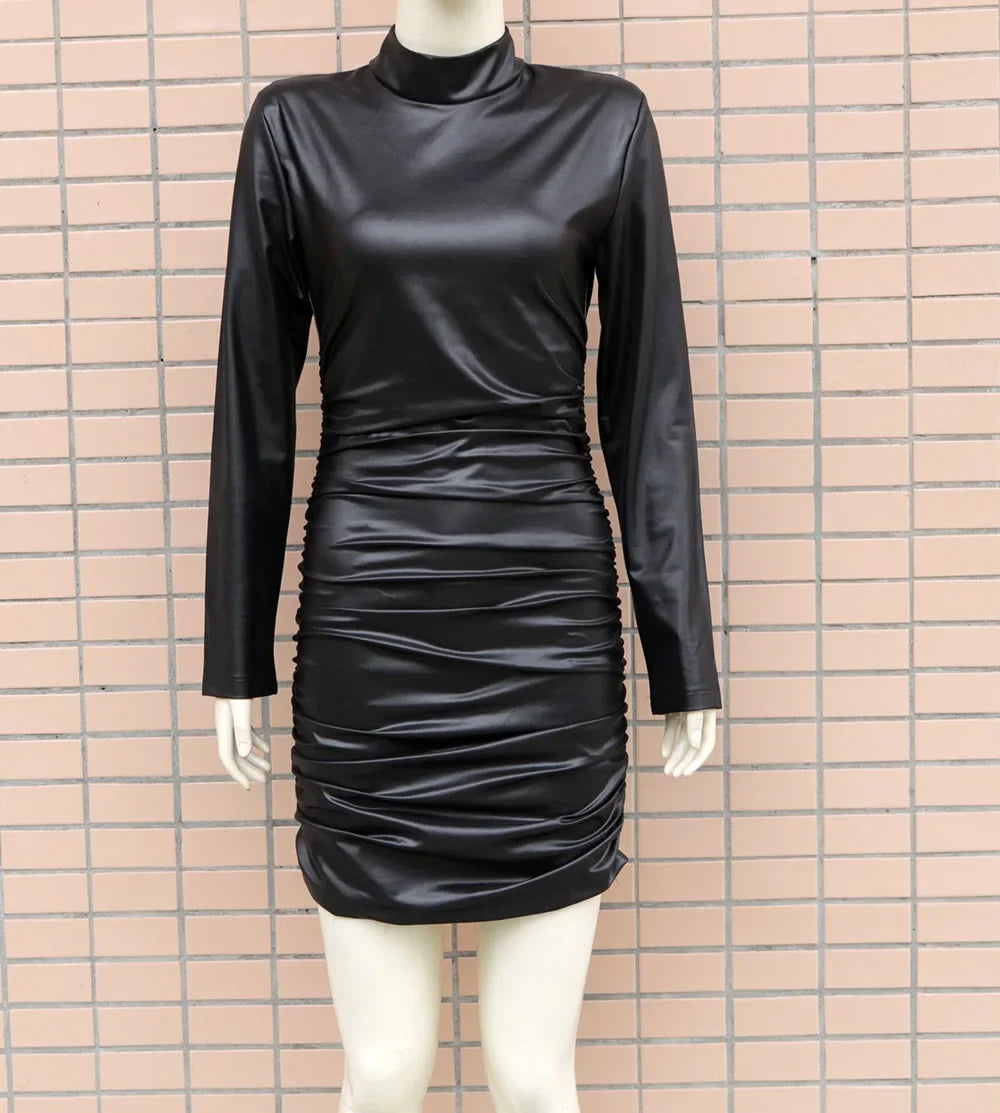 PU Leather Nightclub Sexy Dress Half High Collar Dress for Women Long Sleeve Bodycon Dress Slim-fit Hip-hugging Party Vestidos