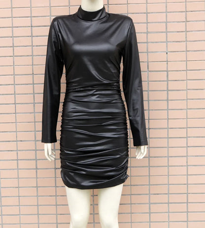 PU Leather Nightclub Sexy Dress Half High Collar Dress for Women Long Sleeve Bodycon Dress Slim-fit Hip-hugging Party Vestidos