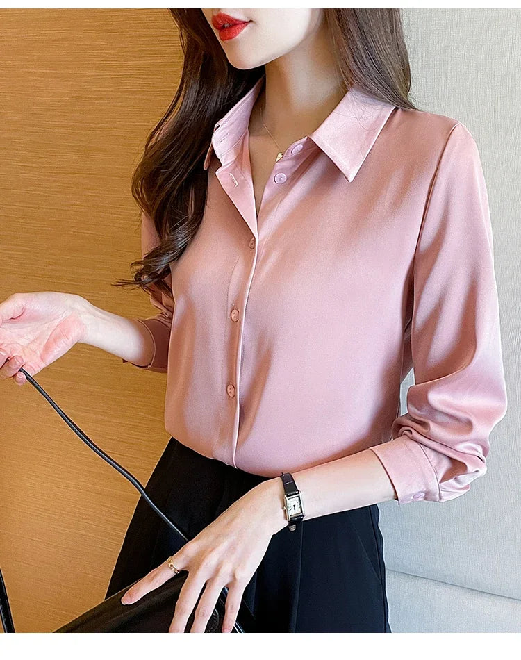 Fashion elegant satin shirts solid color ladies shirts causal Women's Blouses Spring Long Sleeve Shirts Tops Blusas Mujer