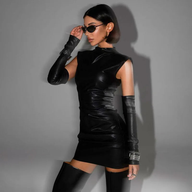 Talenza Women's Leather Vest Dress Sexy PU Leather Vest Short Dress Solid Gloves Pleated Sleeveless Street Y2k Party Club Dress