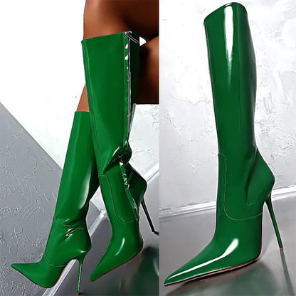 Arden Furtado Patent Leather Skinny boots Pointed toe Side zipper Super high heel Knee high boots Extra large size boots
