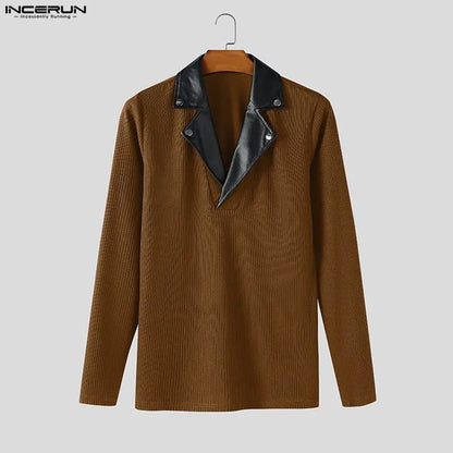 INCERUN Men Pullovers Patchwork Lapel Long Sleeve Knitted Male Sweaters Streetwear Spring Fashion Casual Thin Tops Men S-5XL