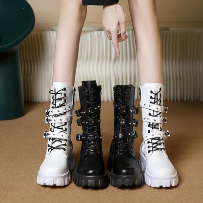 WOMEN BOOTS Goth Boots Woman Winter 2025 Platform Shoes Sneakers Studded Belt Buckle Punk  Chunky Heels Mid Calf Boots