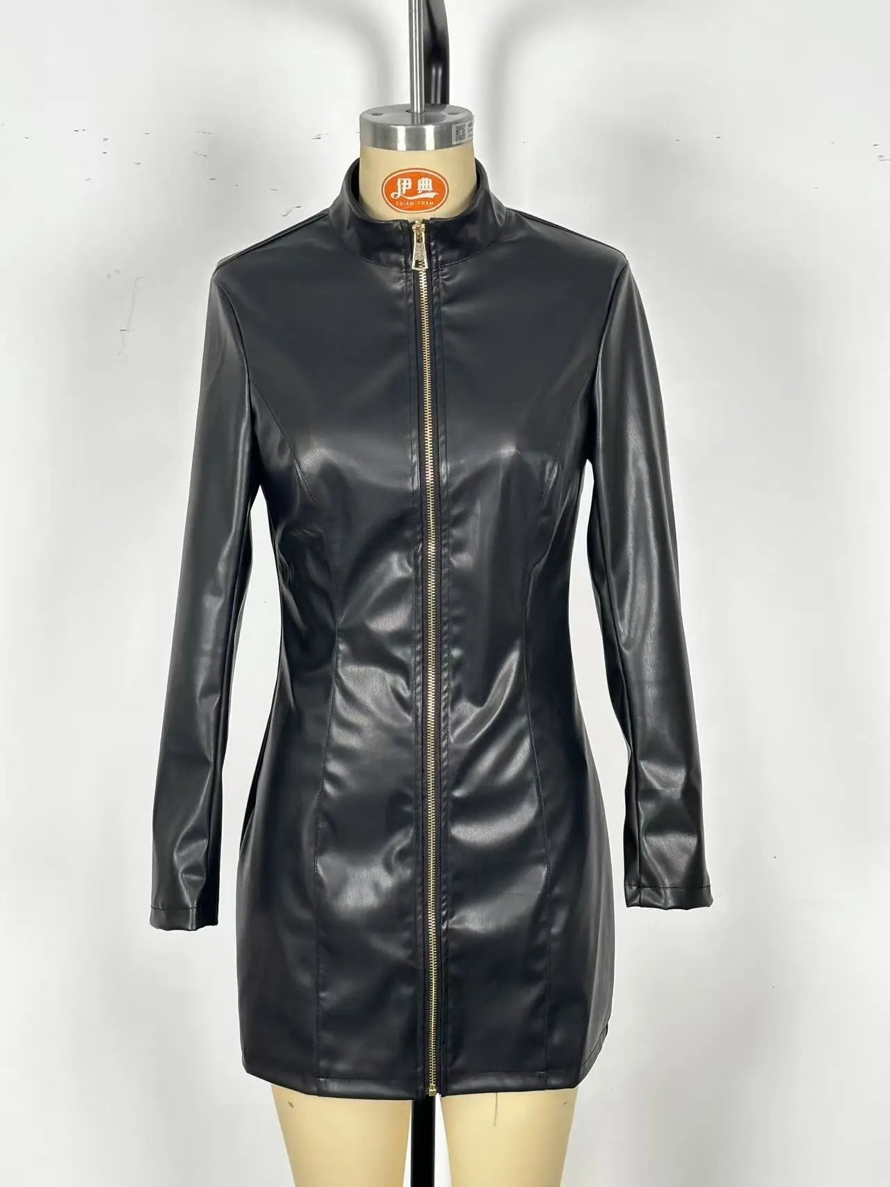 Glossy PU Leather Sexy Fashionable Zipper Dress Slim Fit Long Sleeved Leather Frock With Buttocks Wrapped Vestidos Para Mujer