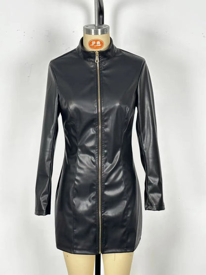 Glossy PU Leather Sexy Fashionable Zipper Dress Slim Fit Long Sleeved Leather Frock With Buttocks Wrapped Vestidos Para Mujer
