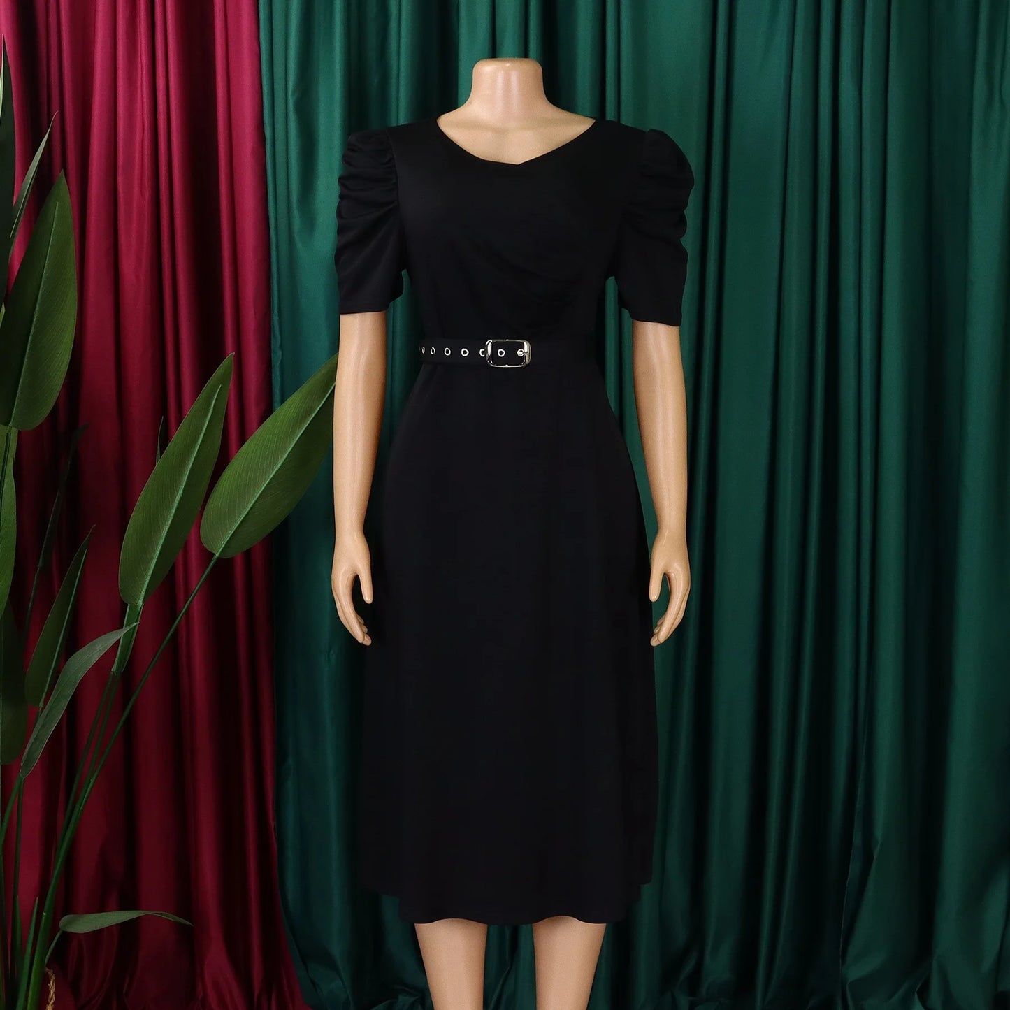 Elegant Party Dresses for Women V Neck Short Sleeve Belt Waisted Pleated Mid Calf Luxury Birthday Dinner Vestidos Mujer Dress OL
