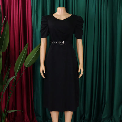 Elegant Party Dresses for Women V Neck Short Sleeve Belt Waisted Pleated Mid Calf Luxury Birthday Dinner Vestidos Mujer Dress OL