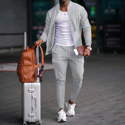 Men's Spring Casual Blazer Set Waffle Baseball Suit round Neck Zipper Long Sleeve Two-Piece Fashion Outfit with Pocket
