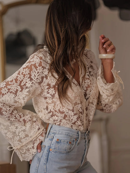 Long Sleeve Lace Shirts & Blouses Women Clothing 2025 Blusas Mujer De Moda Hollow Out Sexy Tops See Through Summer Casual Shirt