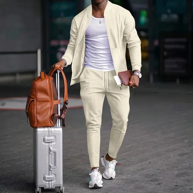 Men's Spring Casual Blazer Set Waffle Baseball Suit round Neck Zipper Long Sleeve Two-Piece Fashion Outfit with Pocket