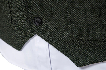 New Men's Retro Lapel Vest Herringbone Coarse Tweed Pockets Suit Vest British Casual Vintage Gentleman Leisure Party Bar Banquet