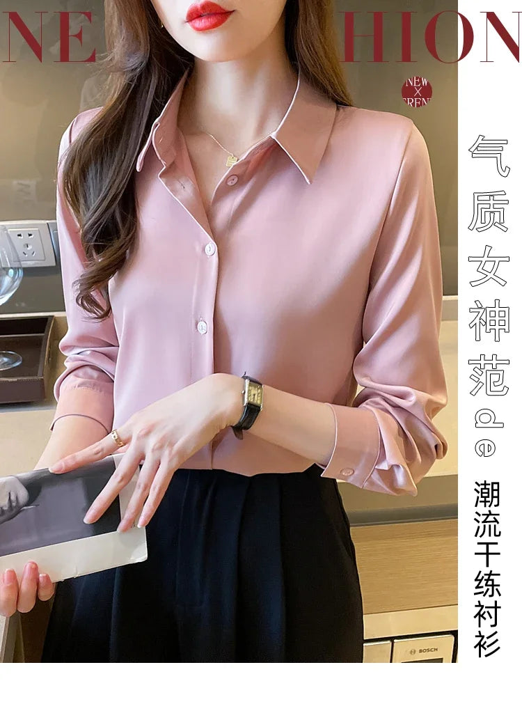 Fashion elegant satin shirts solid color ladies shirts causal Women's Blouses Spring Long Sleeve Shirts Tops Blusas Mujer