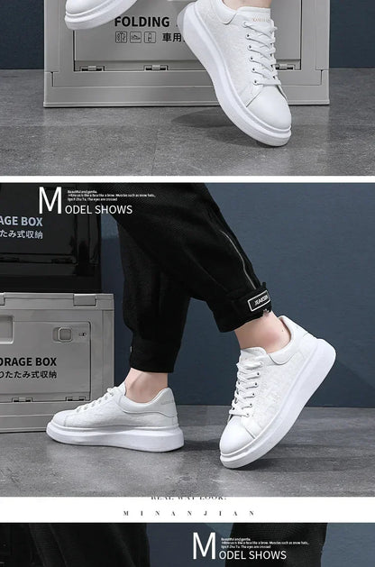 2026 Men's Casual Shoes Spring and Autumn Flat-soled Casual Leather Shoes Sports Shoes Black and White Men's Thick-soled Shoes