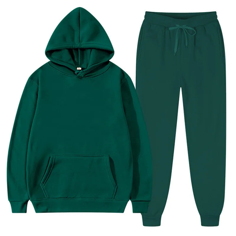 Men Sets Sweatshirts Solid Hooded Hoodies Pencil Pants Two Pieces Ankle Length Pant Pockets Elastic Waist Casual Winter
