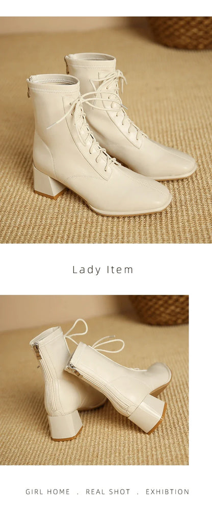 Winter High Heel Women's Ankle Boots  Fashion Lace Up Short Boots Women's Thick High Heel Side Zipper Botas De Mujer 2024