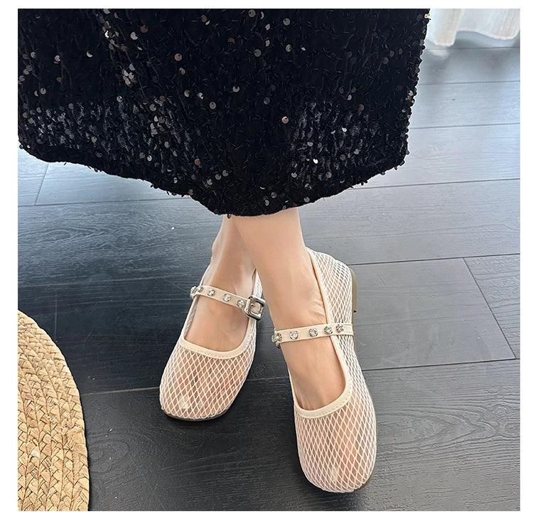 Mesh Breathable Flat Mary Jane Shoes Women Fashion Square Toe Soft Bottom Sandals Comfort Buckle Designer Ballet Shoe for Ladies