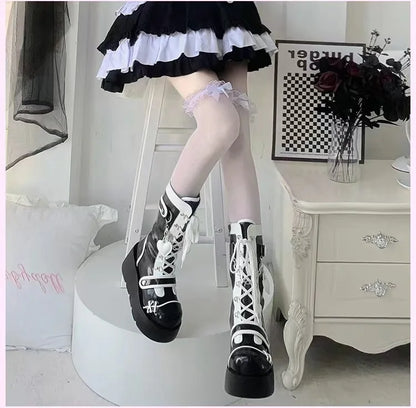 New Gothic Platform Shoes Women's Boots Vampire Role Play Womens Mid-calf Boots Lace Up Wedges Punk Style Botines Para Mujeres