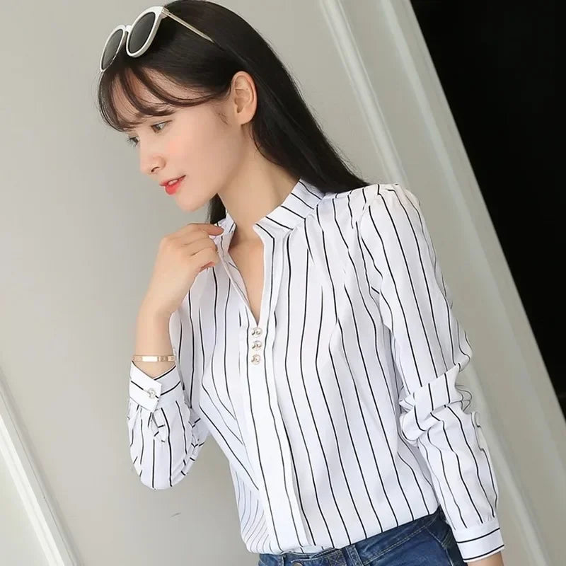 Women White Tops Women's Blouses Fashion Stripe Print Casual Long Sleeve Office Lady Work Shirts Female Slim Blusas