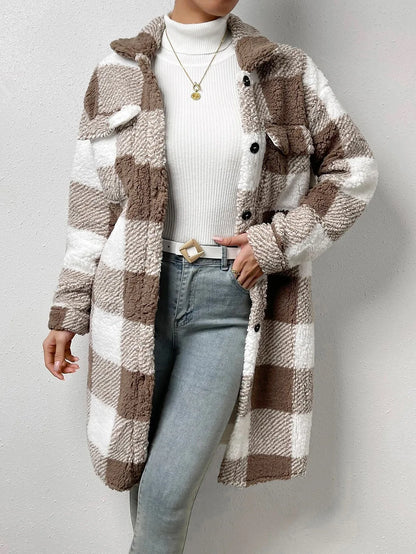 Cardigan 2023 Autumn Long Sleeved Turn-down Collar Plush Plaid Coat Loose Temperament Commuter Longline Jacket Women Outerwear