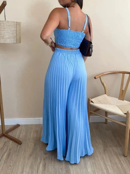 Fashion and Versatile Pleated Camisole Top and Loose Wide Leg Pants Set for Women's Summer Sexy Slim Fit Pants 2-Piece Set