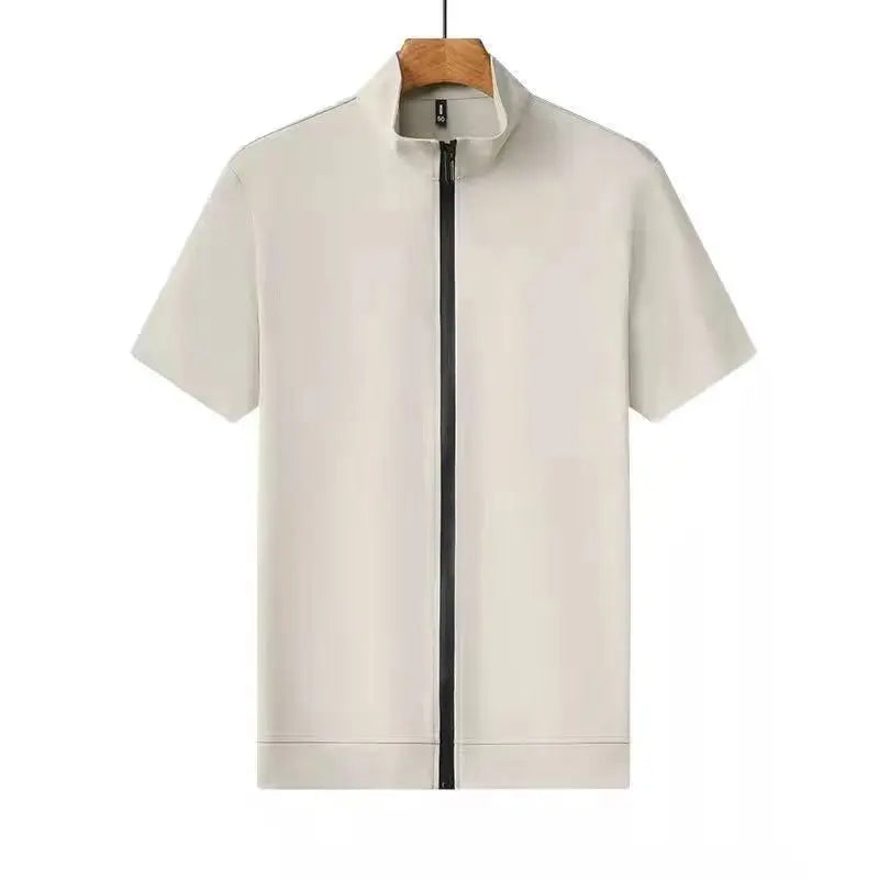 2023 Men Summer Trend Stand Collar Zipper Cardigan Shirts Solid Short Sleeve Comfortable Business Casual Top Ropa Hombre Camisas