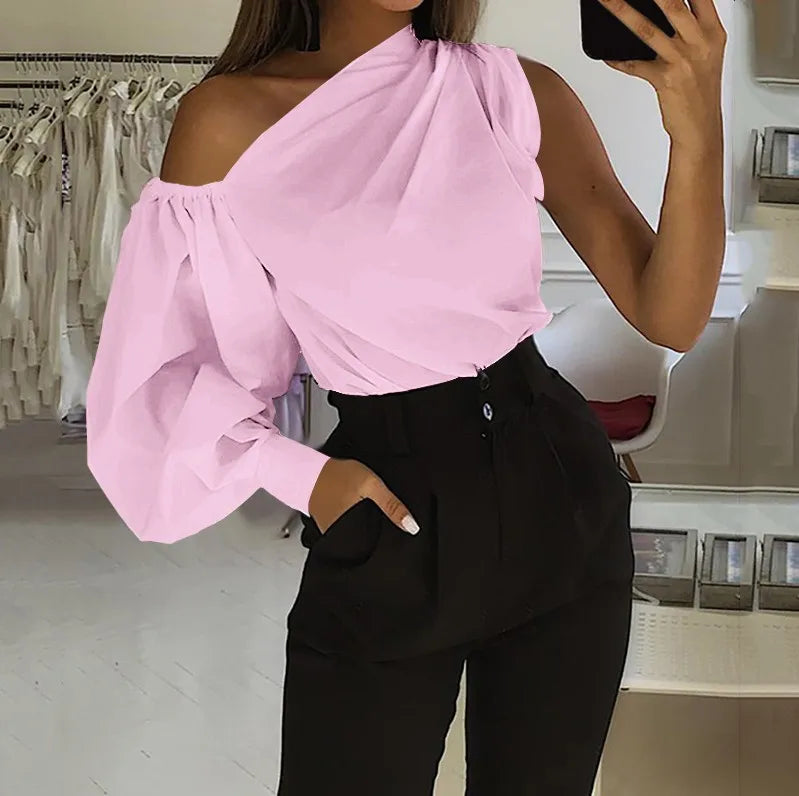 Elegant Blouses Women 2023 Summer Off Shoulder Blusas Female Fashion Lantern Long Sleeve Shirts One Shoulder Tops S-5XL