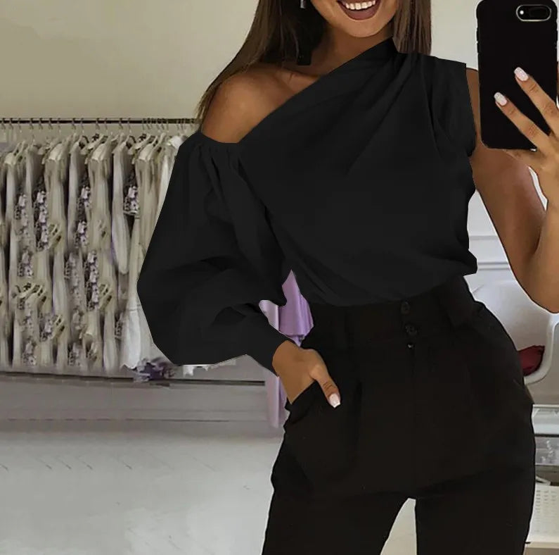Elegant Blouses Women 2023 Summer Off Shoulder Blusas Female Fashion Lantern Long Sleeve Shirts One Shoulder Tops S-5XL