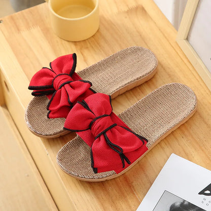 Women Summer Casual Slides Comfortable Flax Slippers Striped Bow Linen Flip Flops Platform Sandals Ladies Indoor Shoes  slippers