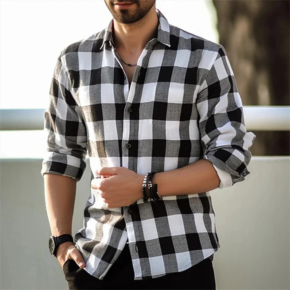 Men's long-sleeved shirt printed shirt plaid casual comfortable handsome commuter large size men's clothing XS-6XL