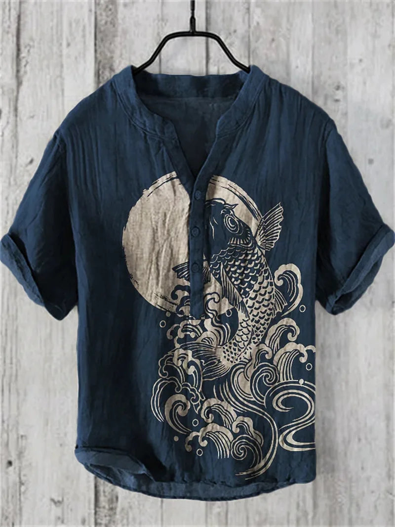 Men's linen short sleeved shirt, summer Chinese retro casual shirt