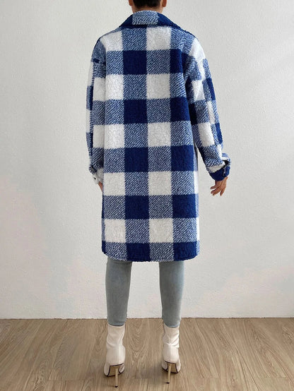 Cardigan 2023 Autumn Long Sleeved Turn-down Collar Plush Plaid Coat Loose Temperament Commuter Longline Jacket Women Outerwear