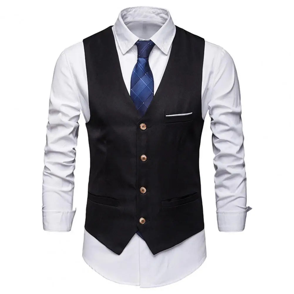 Men Business Waistcoat Workwear Business Formal Wedding Waistcoat Pockets Removable White Strips Suit Vest Classic Solid Color