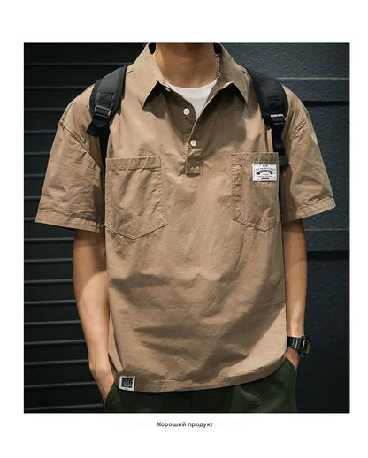 American Retro Men's  irt Summer Loose Workwear ort Sve T-irt Simple Sle Youth Trend ket Design Flat Iron