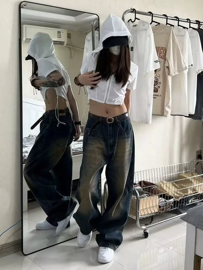 Women Jeans Distressed Full Length Wide Leg Denim Pants Spliced Zipper Fly Vintage Jean Pockets High Street Loose Fit Washed