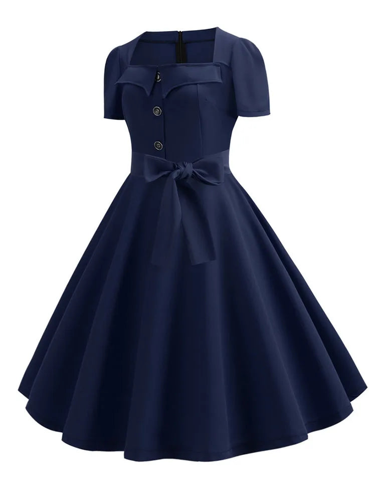 Women Vintage Dress Summer 50s 60s Retro Swing Rockabilly Vestidos Elegant Black Polka Dot Office Party Dress