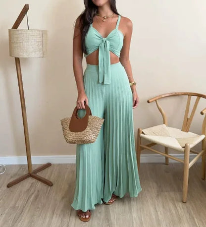 Fashion and Versatile Pleated Camisole Top and Loose Wide Leg Pants Set for Women's Summer Sexy Slim Fit Pants 2-Piece Set